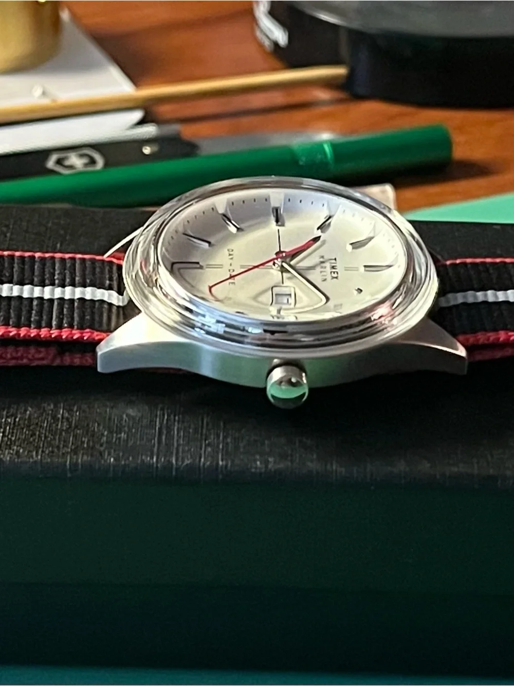 Timex Marlin Silver Dial Watch with Black, White & Red Strap NWT.